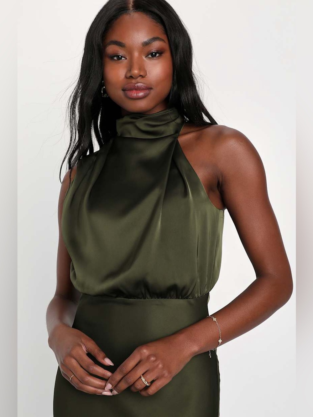 LULUS Distinctive Charm Olive Green Satin Asymmetrical Mock Neck Maxi Dress S - Picture 3 of 13